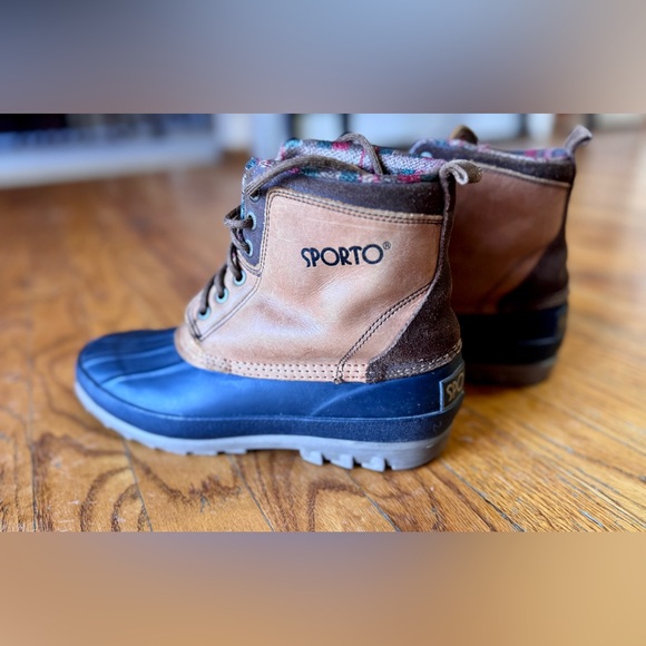 Sporto Duck Boots Womens 9 Insulated Rain Ankle Boots Navy Rubber & Tan Leather - Picture 8 of 11